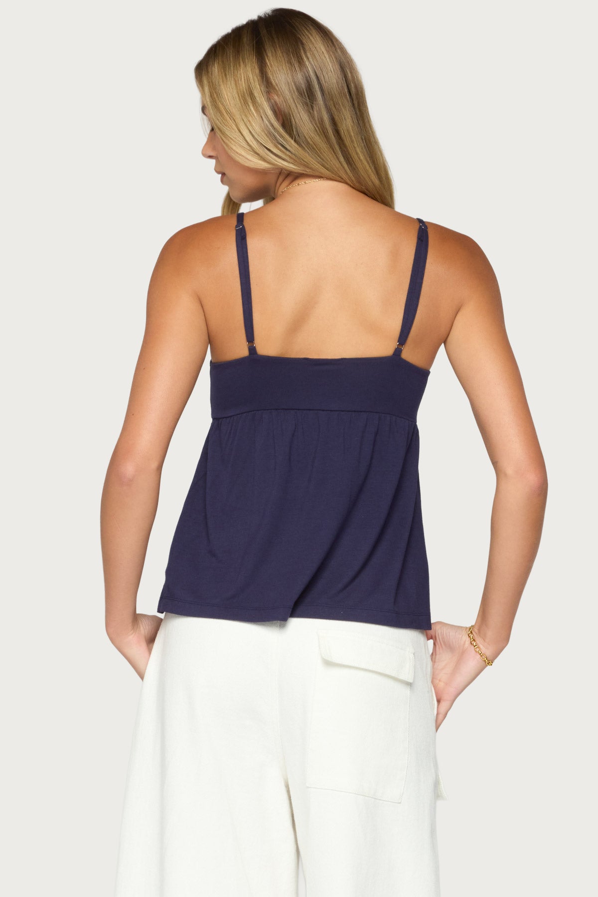 Michey Tie Front Babydoll Tank Top - NAVY