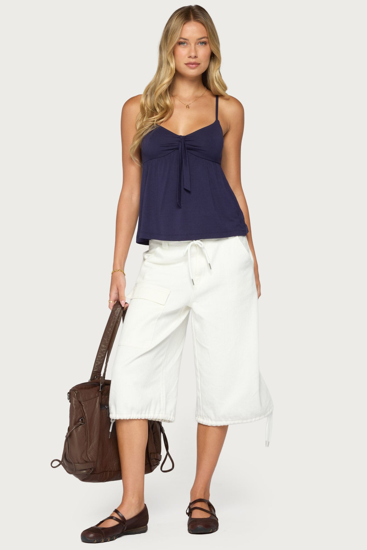 Michey Tie Front Babydoll Tank Top - NAVY