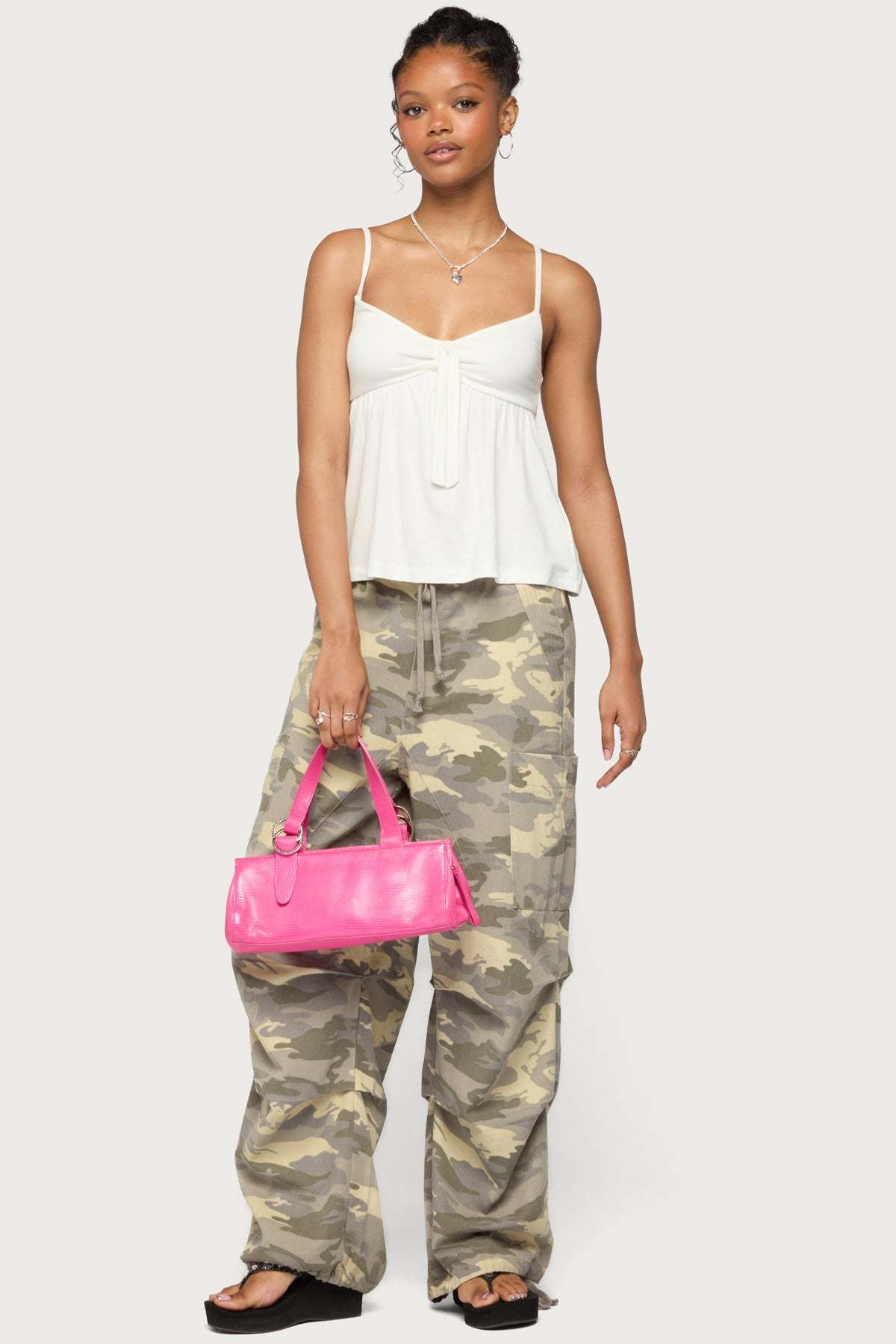 Michey Tie Front Babydoll Tank Top - WHITE