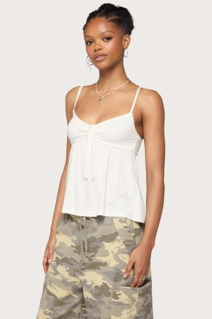 Michey Tie Front Babydoll Tank Top - WHITE