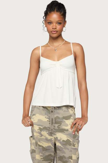 Michey Tie Front Babydoll Tank Top - WHITE