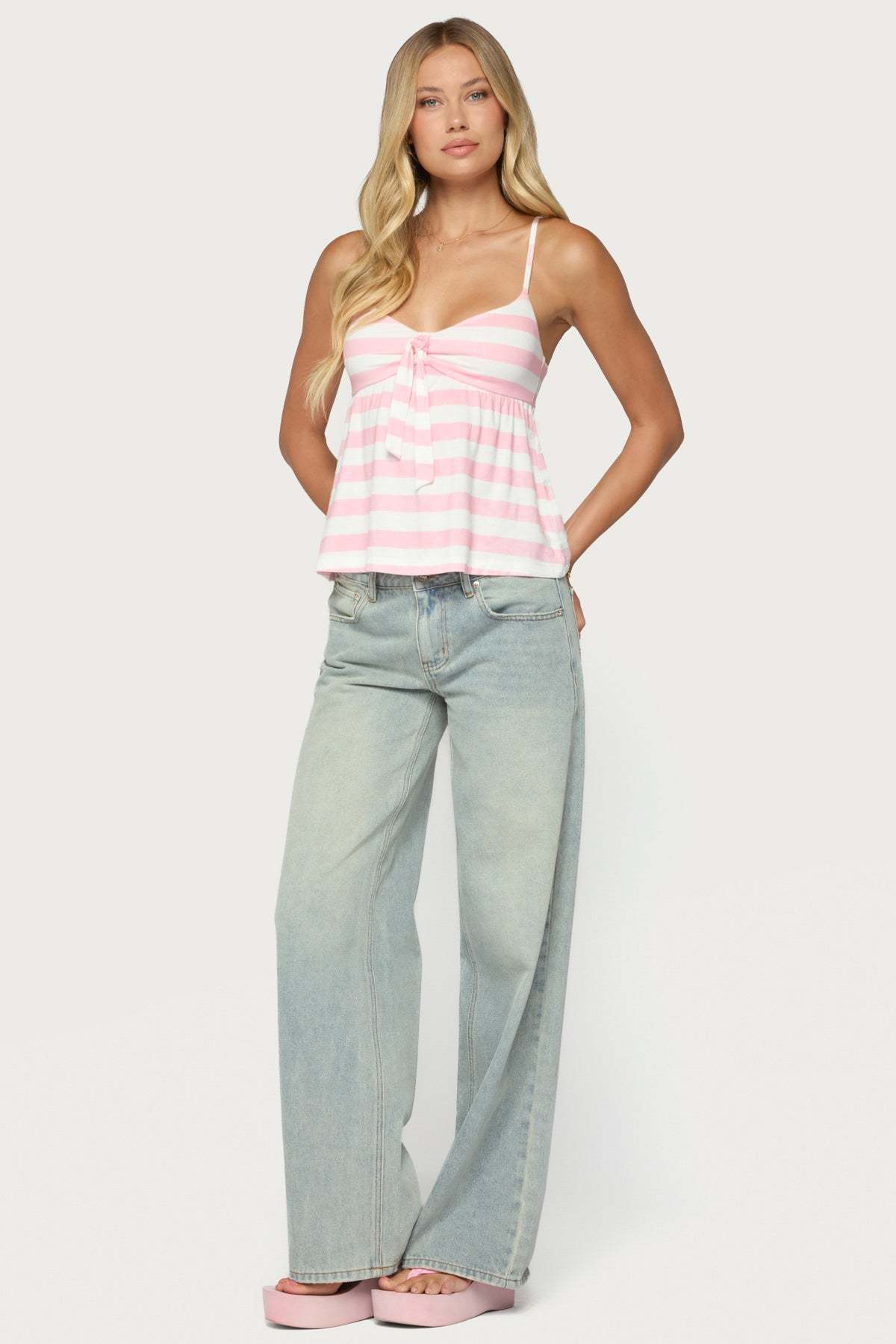 Michey Tie Front Babydoll Tank Top - WHITE-AND-PINK