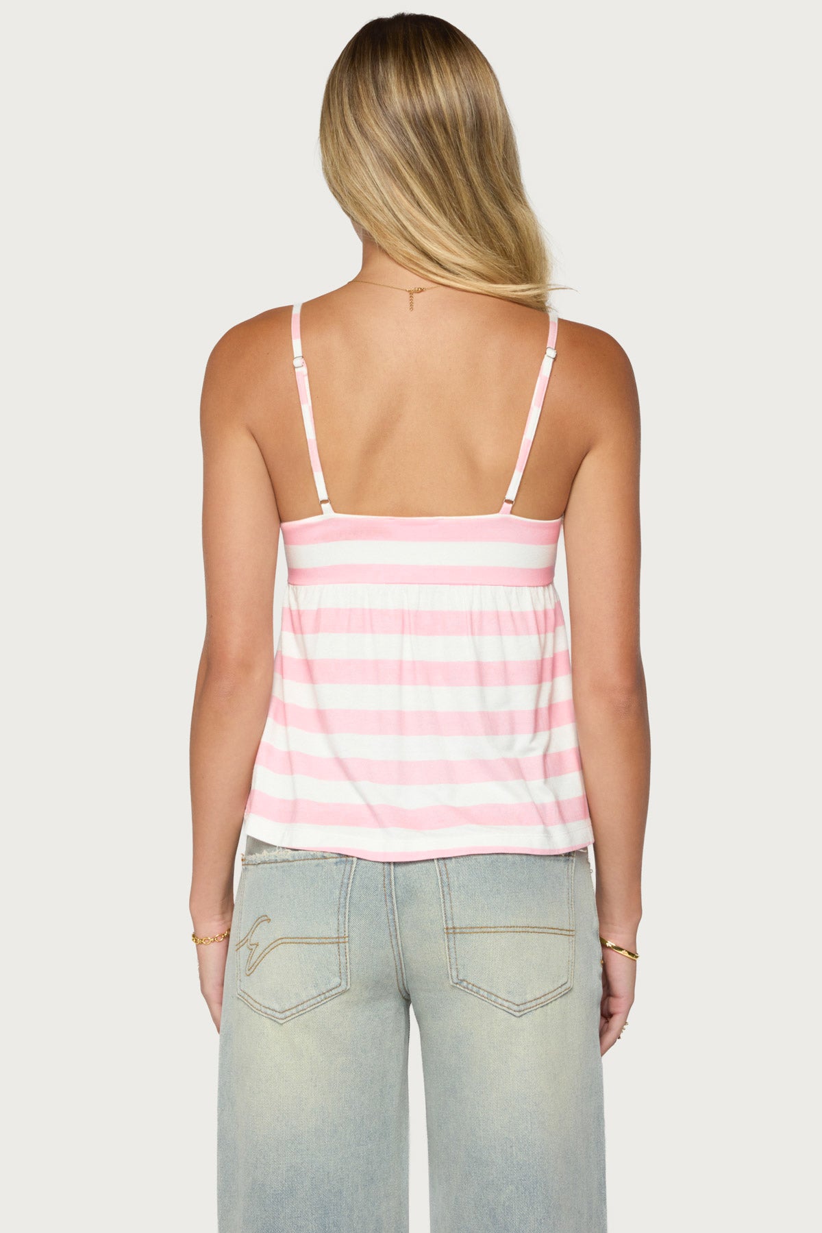 Michey Tie Front Babydoll Tank Top - WHITE-AND-PINK