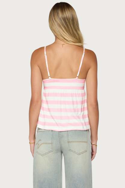 Michey Tie Front Babydoll Tank Top - WHITE-AND-PINK
