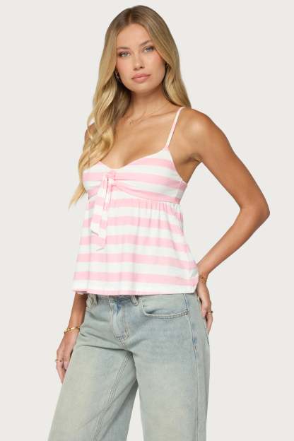 Michey Tie Front Babydoll Tank Top - WHITE-AND-PINK