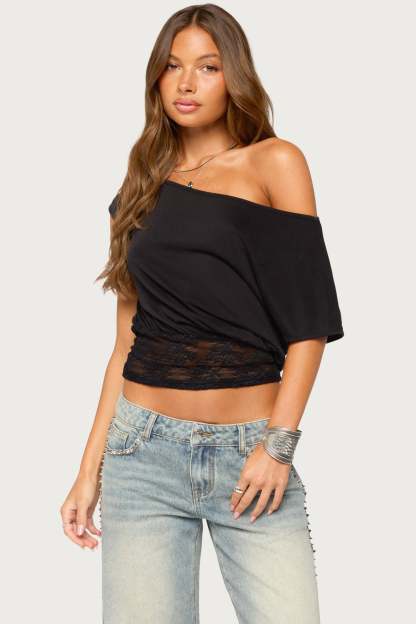 Michy Off Shoulder Lacey Top - BLACK