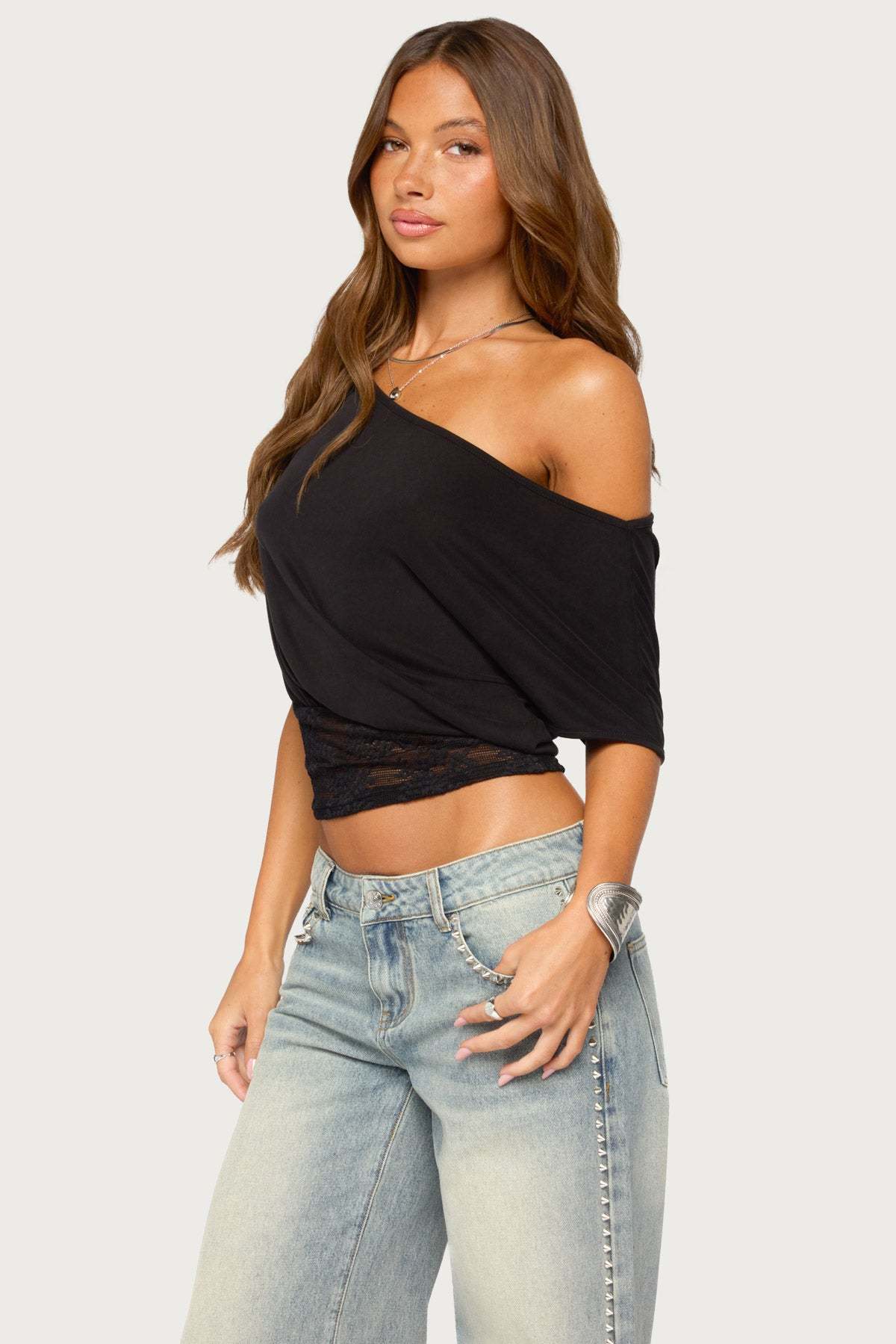 Michy Off Shoulder Lacey Top - BLACK