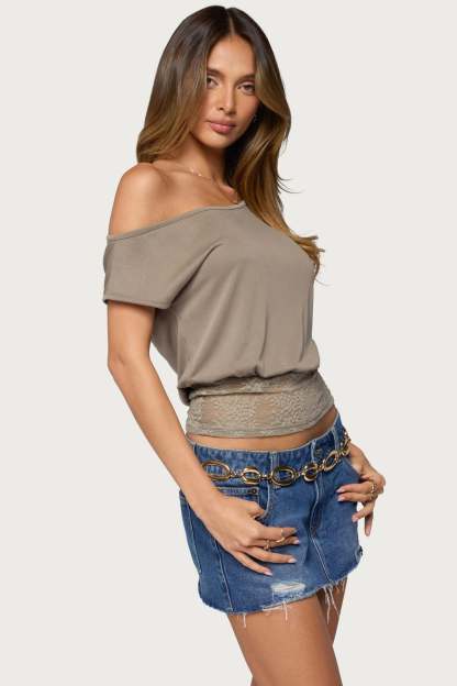 Michy Off Shoulder Lacey Top - OLIVE