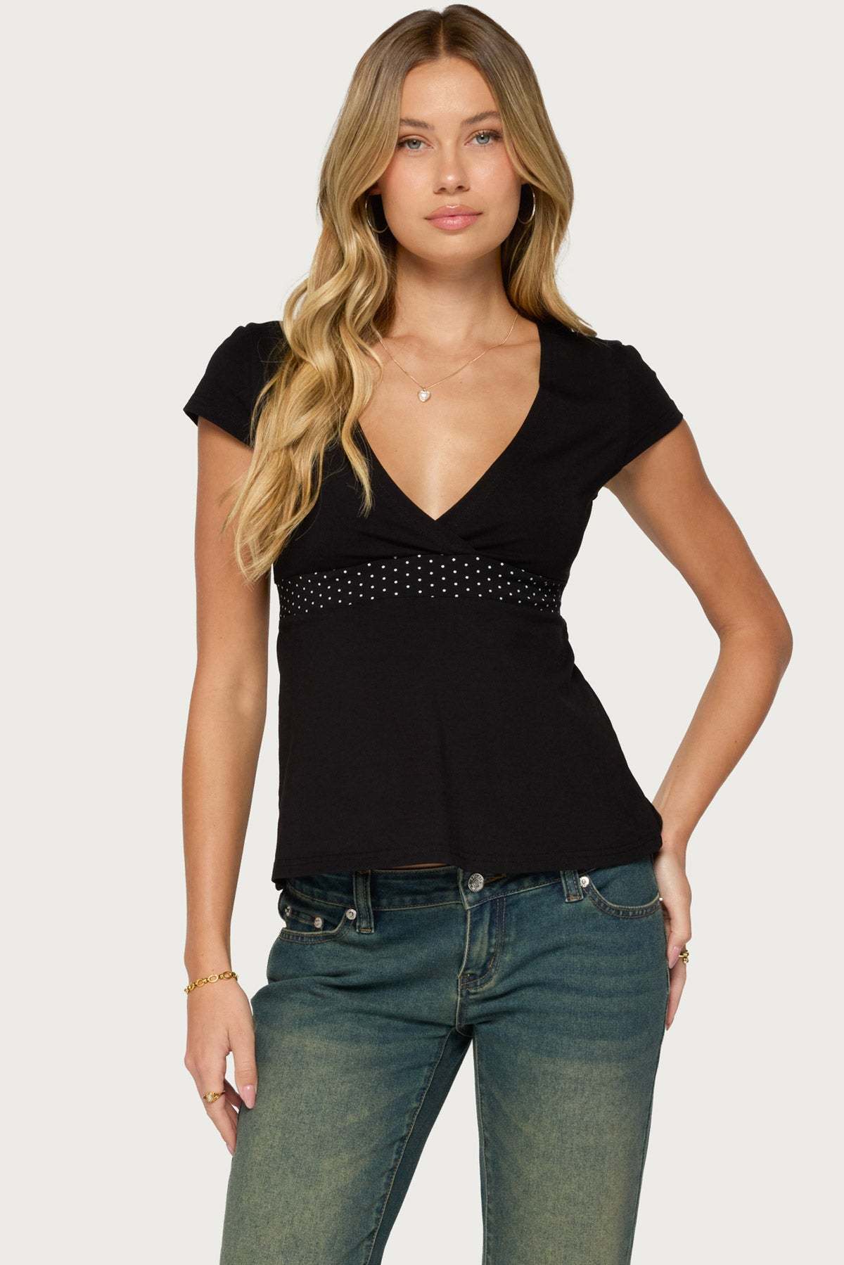 Arla Polka Dot V Neck Top - BLACK