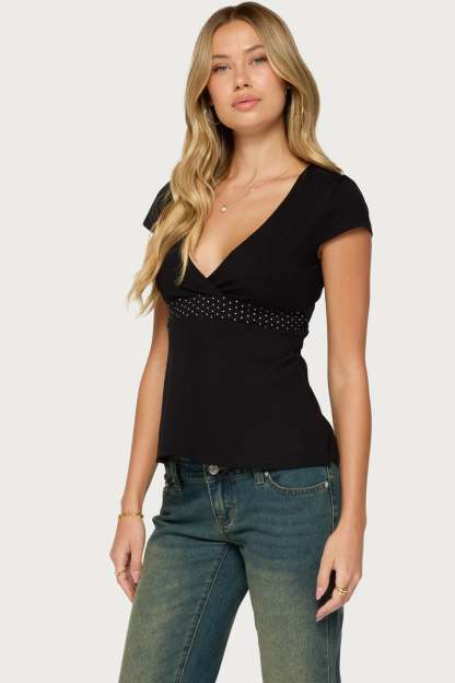 Arla Polka Dot V Neck Top - BLACK