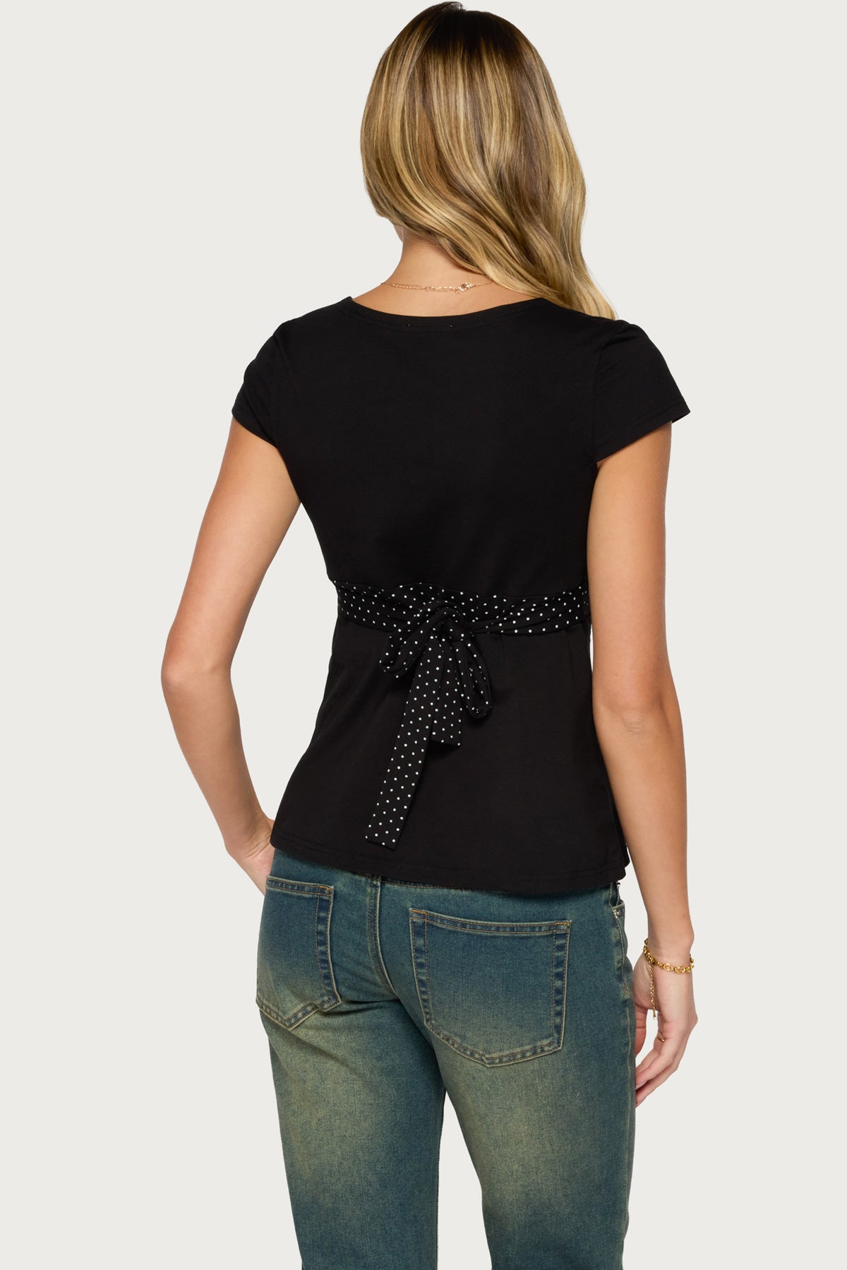 Arla Polka Dot V Neck Top - BLACK