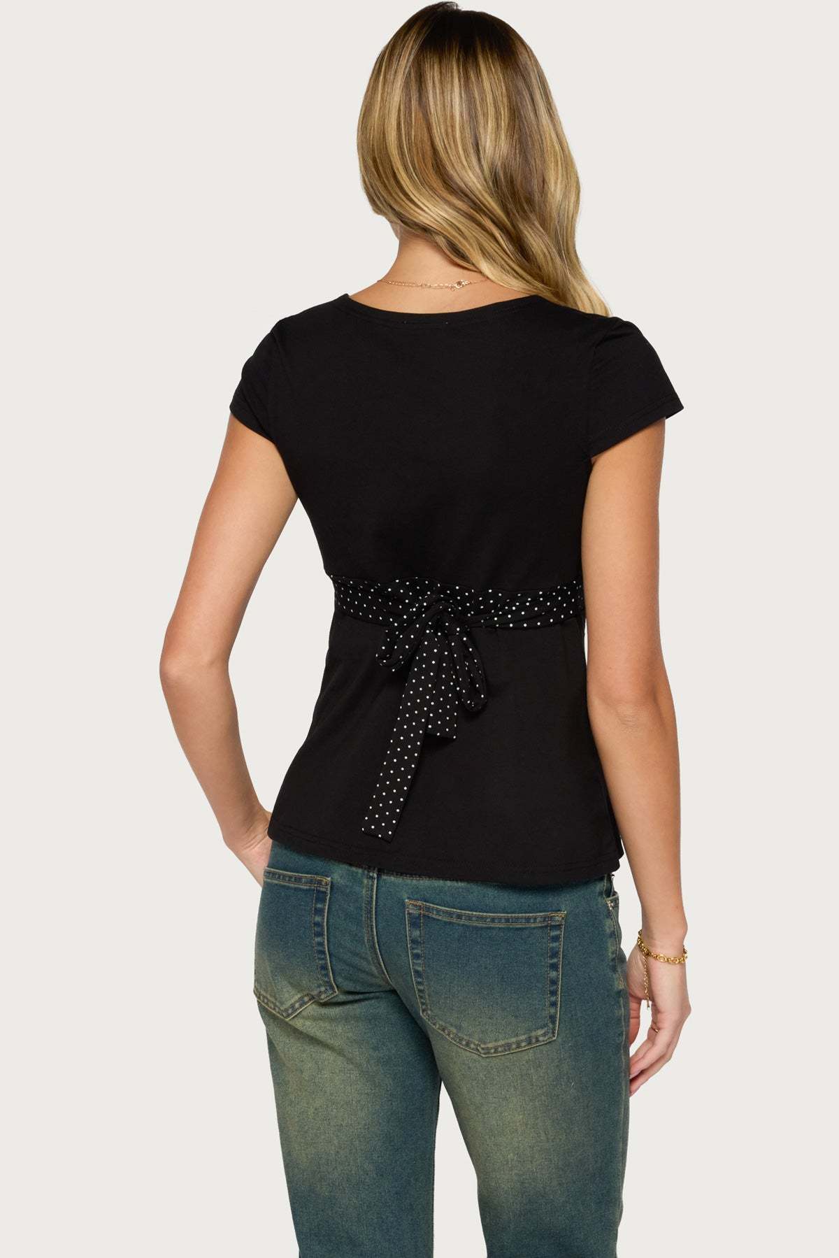 Arla Polka Dot V Neck Top - BLACK
