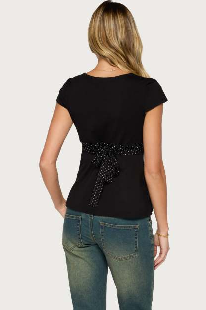 Arla Polka Dot V Neck Top - BLACK