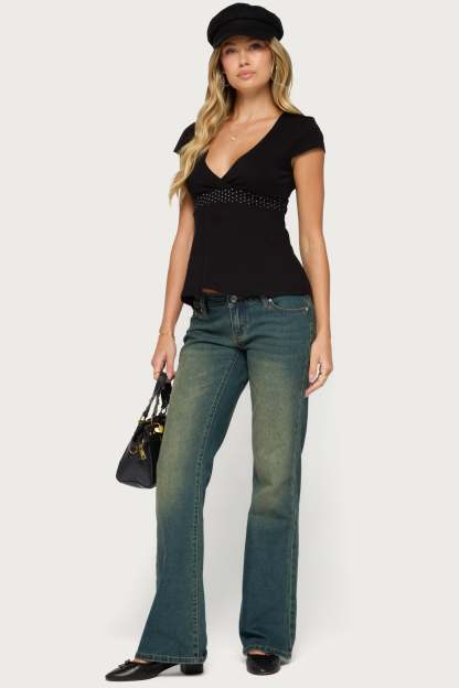 Arla Polka Dot V Neck Top - BLACK
