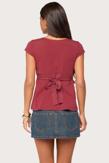 Arla Polka Dot V Neck Top - BURGUNDY