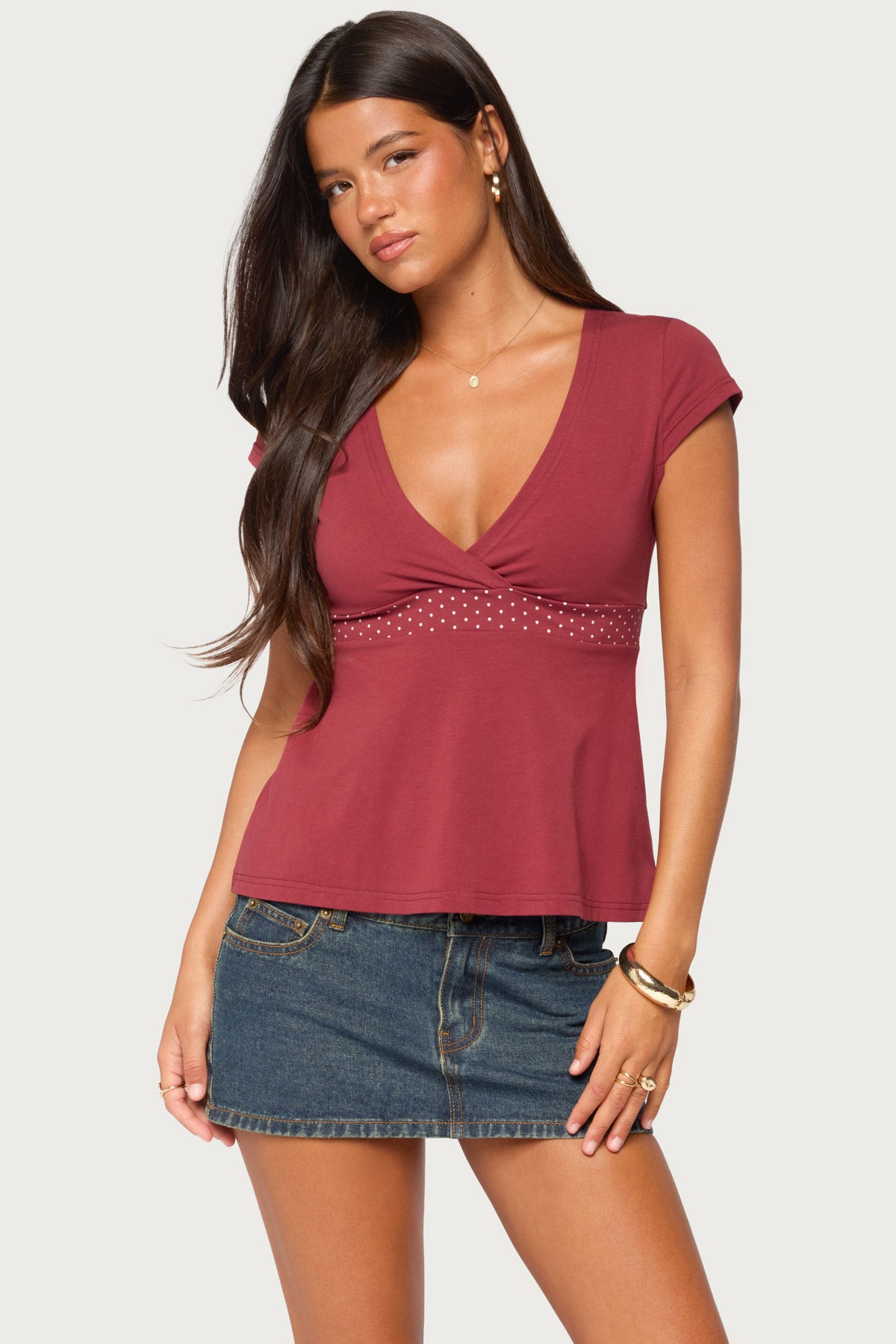 Arla Polka Dot V Neck Top - BURGUNDY