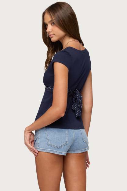 Arla Polka Dot V Neck Top - NAVY