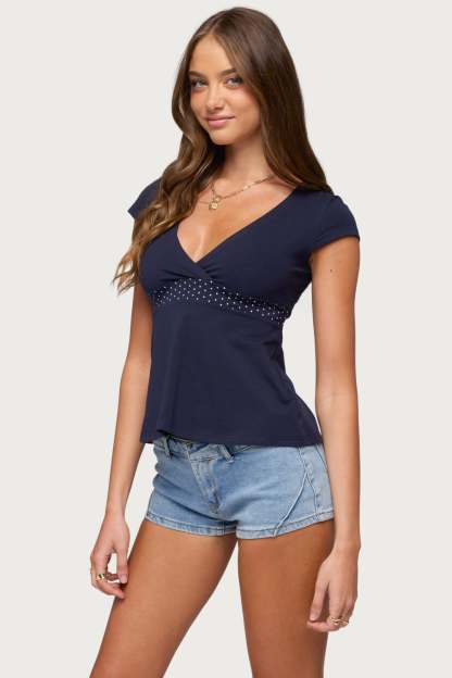 Arla Polka Dot V Neck Top - NAVY