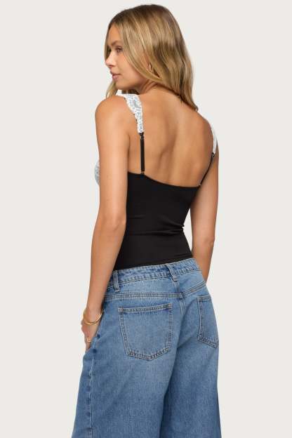 Troya Contrast Lacey Top - BLACK-AND-WHITE