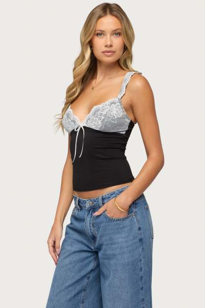 Troya Contrast Lacey Top - BLACK-AND-WHITE