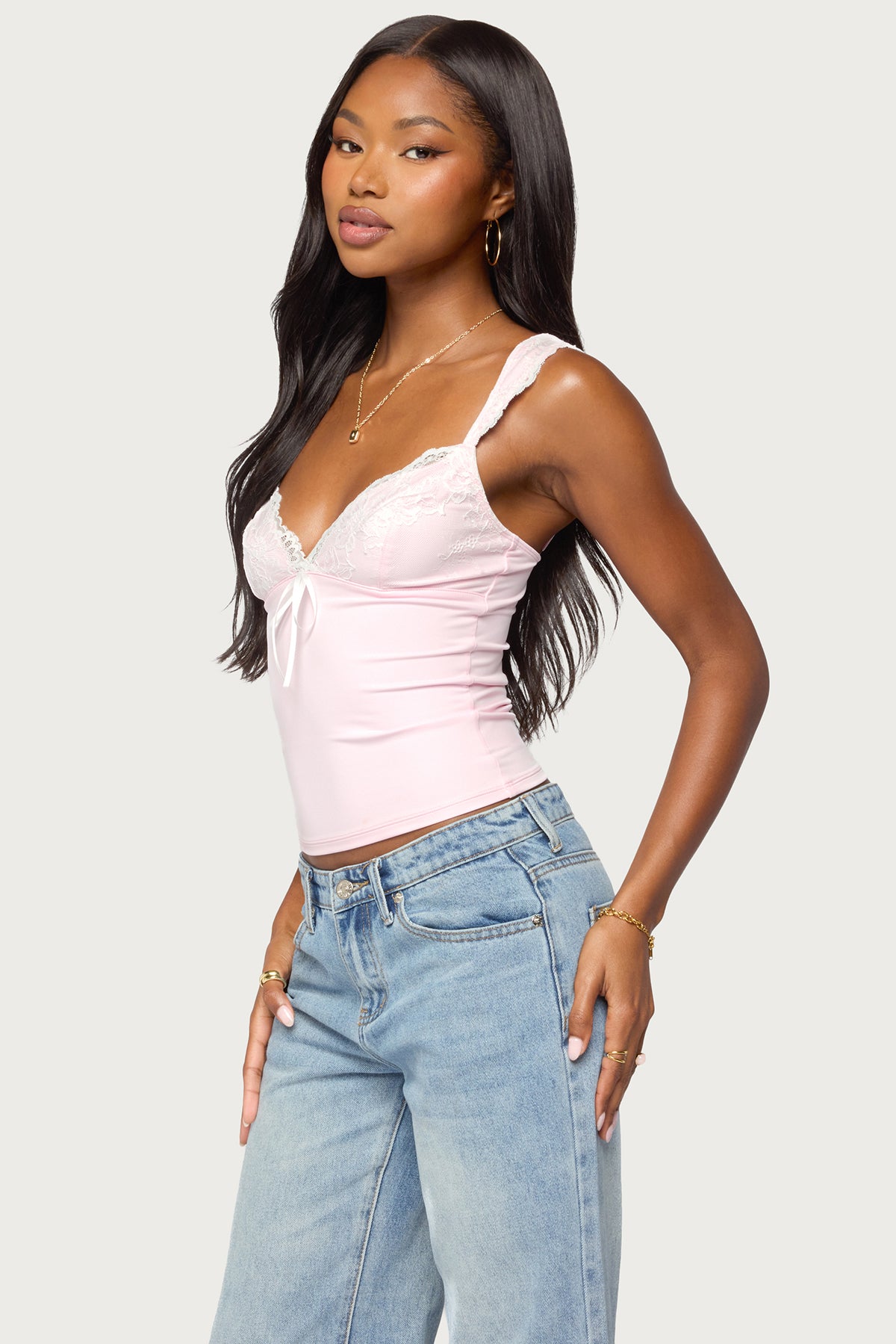 Troya Contrast Lacey Top - PINK-AND-WHITE