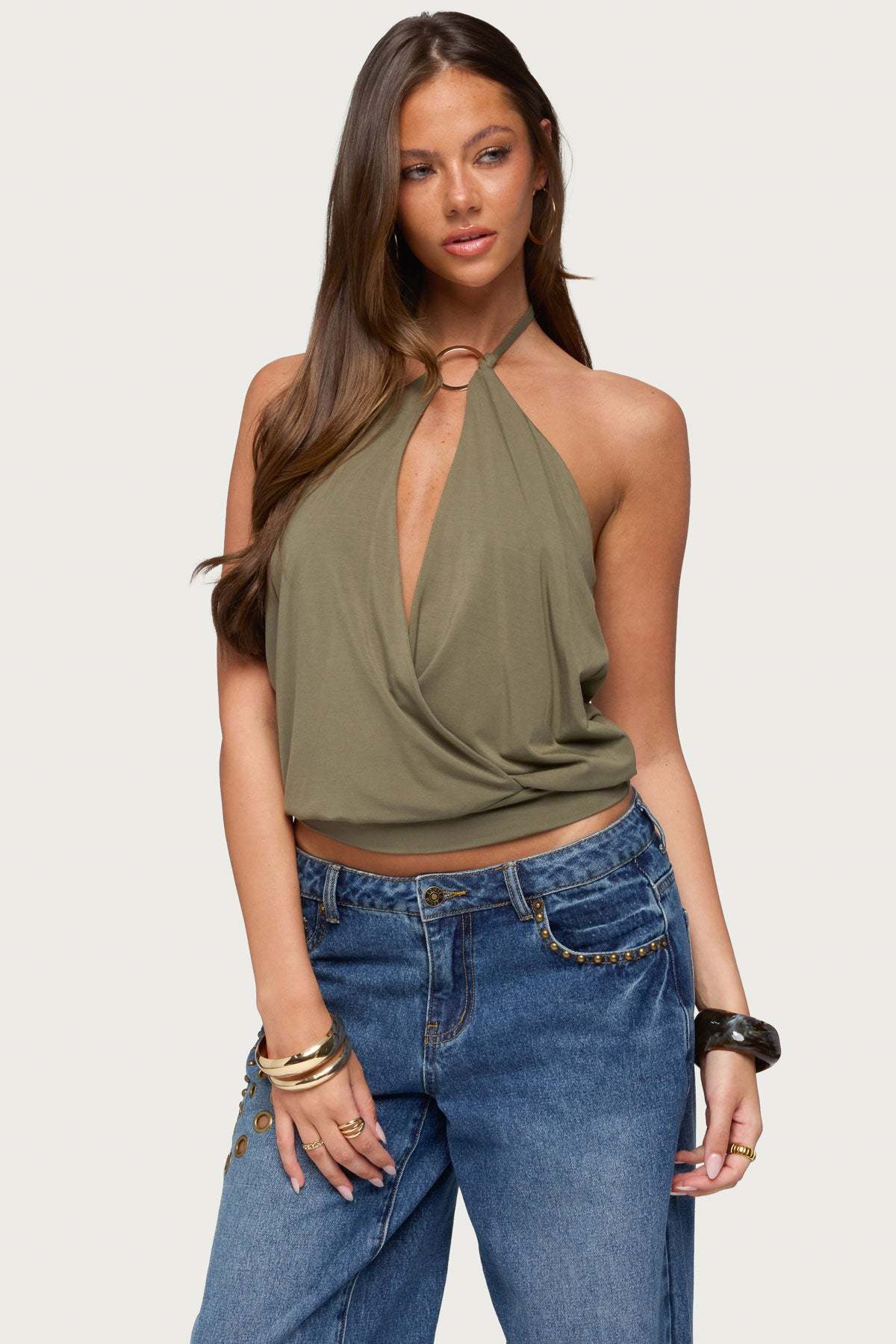 Metta Ring Cutout Halter Top - OLIVE