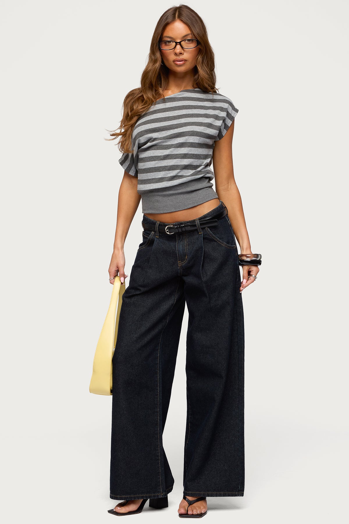 Kittie Striped Off Shoulder Top - DARK-GRAY-MELANGE