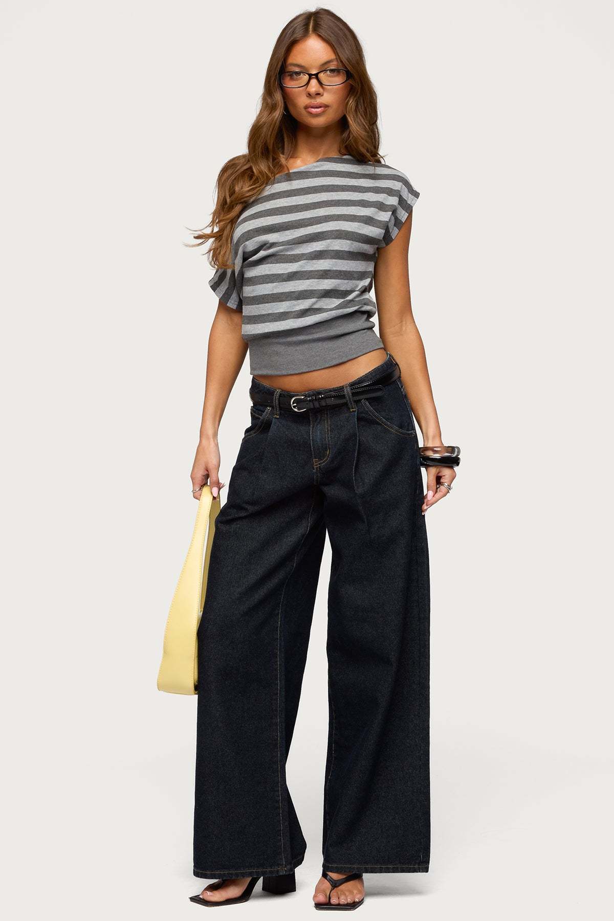 Kittie Striped Off Shoulder Top - DARK-GRAY-MELANGE