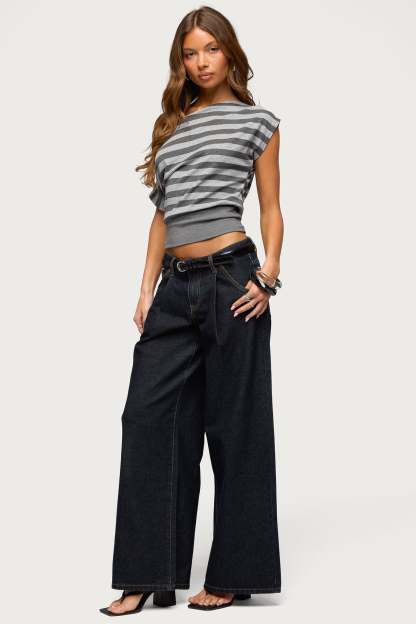 Kittie Striped Off Shoulder Top - DARK-GRAY-MELANGE