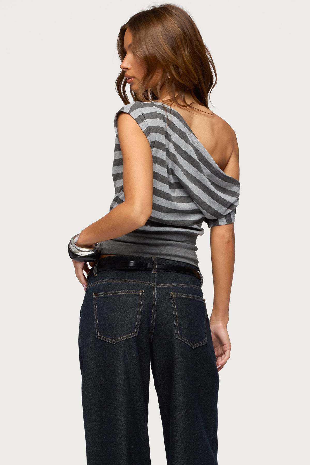 Kittie Striped Off Shoulder Top - DARK-GRAY-MELANGE