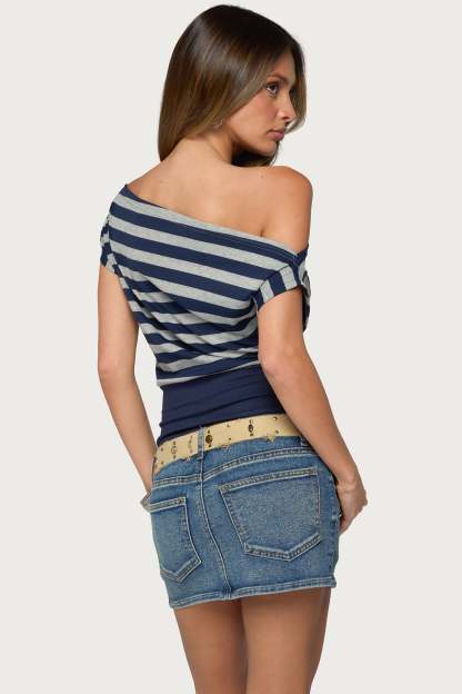 Kittie Striped Off Shoulder Top - GRAY-MELANGE-AND-NAVY