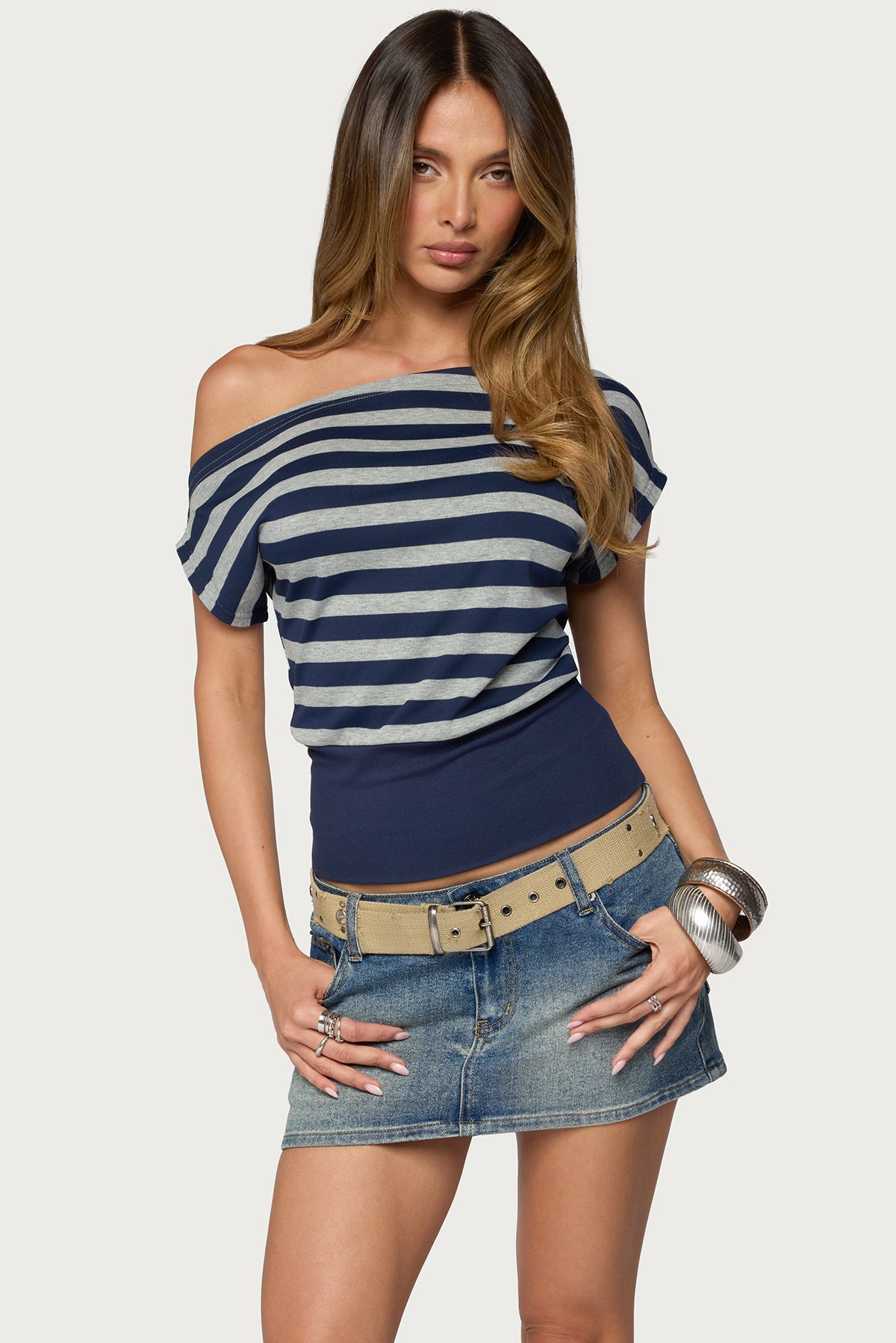 Kittie Striped Off Shoulder Top - GRAY-MELANGE-AND-NAVY
