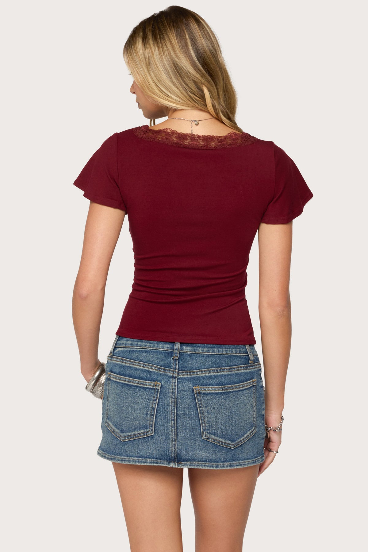 Yvetta Lacey Flutter Sleeve Top - BURGUNDY