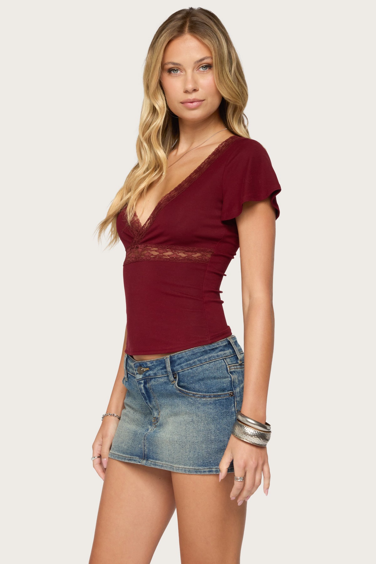 Yvetta Lacey Flutter Sleeve Top - BURGUNDY