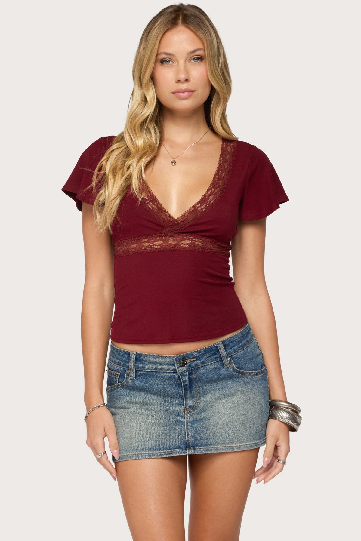 Yvetta Lacey Flutter Sleeve Top - BURGUNDY