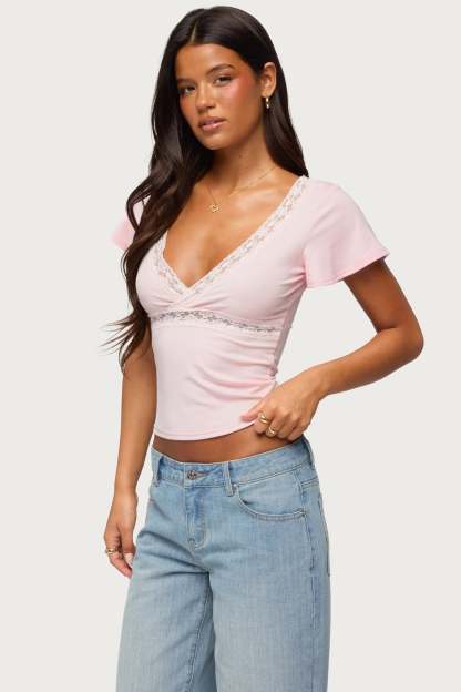 Yvetta Lacey Flutter Sleeve Top - LIGHT-PINK