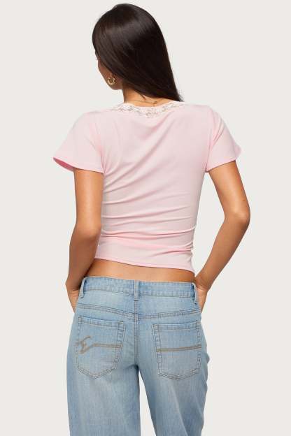 Yvetta Lacey Flutter Sleeve Top - LIGHT-PINK