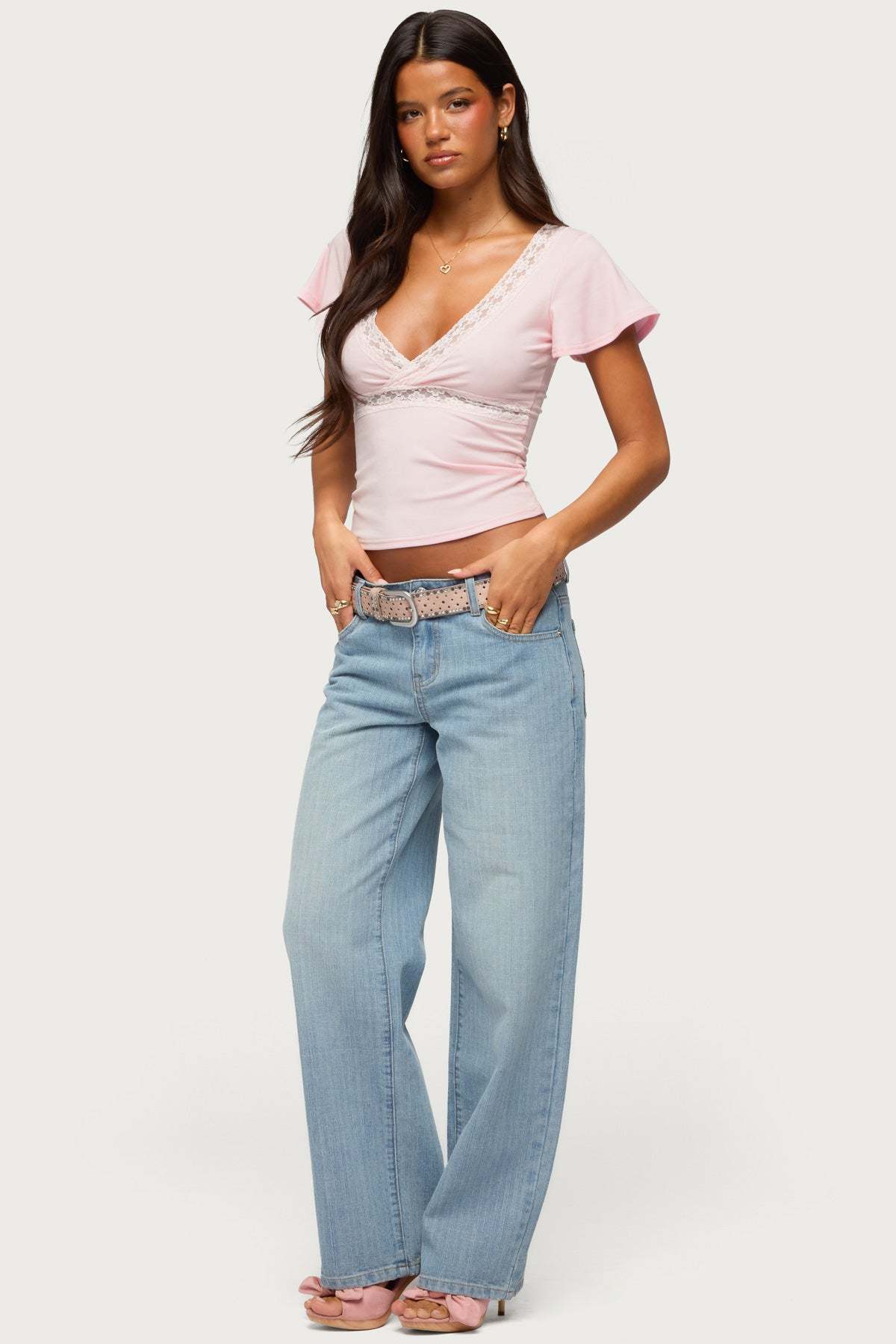 Yvetta Lacey Flutter Sleeve Top - LIGHT-PINK