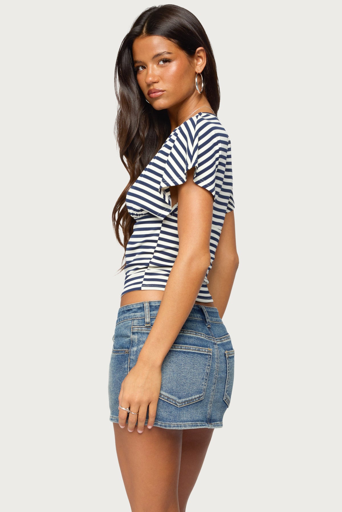 Chassidy Striped Flutter Top - BLUE-AND-CREAM