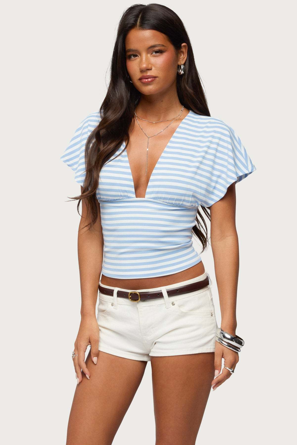 Chassidy Striped Flutter Top - BLUE-AND-WHITE