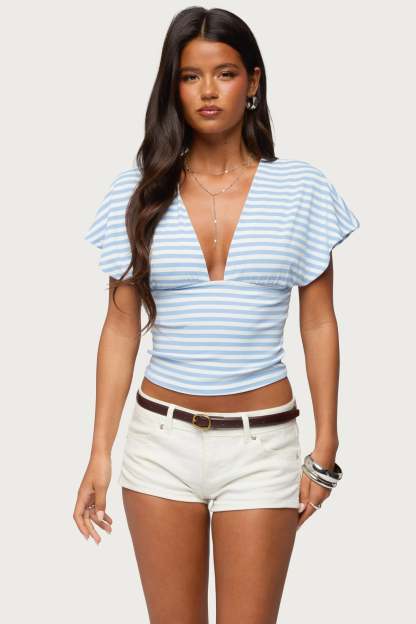 Chassidy Striped Flutter Top - BLUE-AND-WHITE