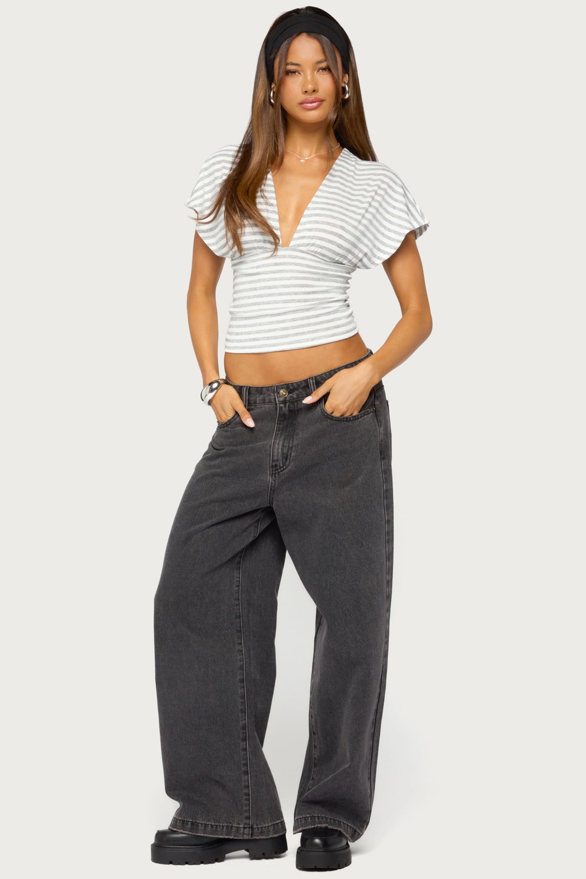 Chassidy Striped Flutter Top - WHITE-AND-GRAY