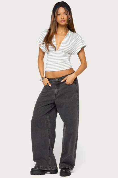 Chassidy Striped Flutter Top - WHITE-AND-GRAY