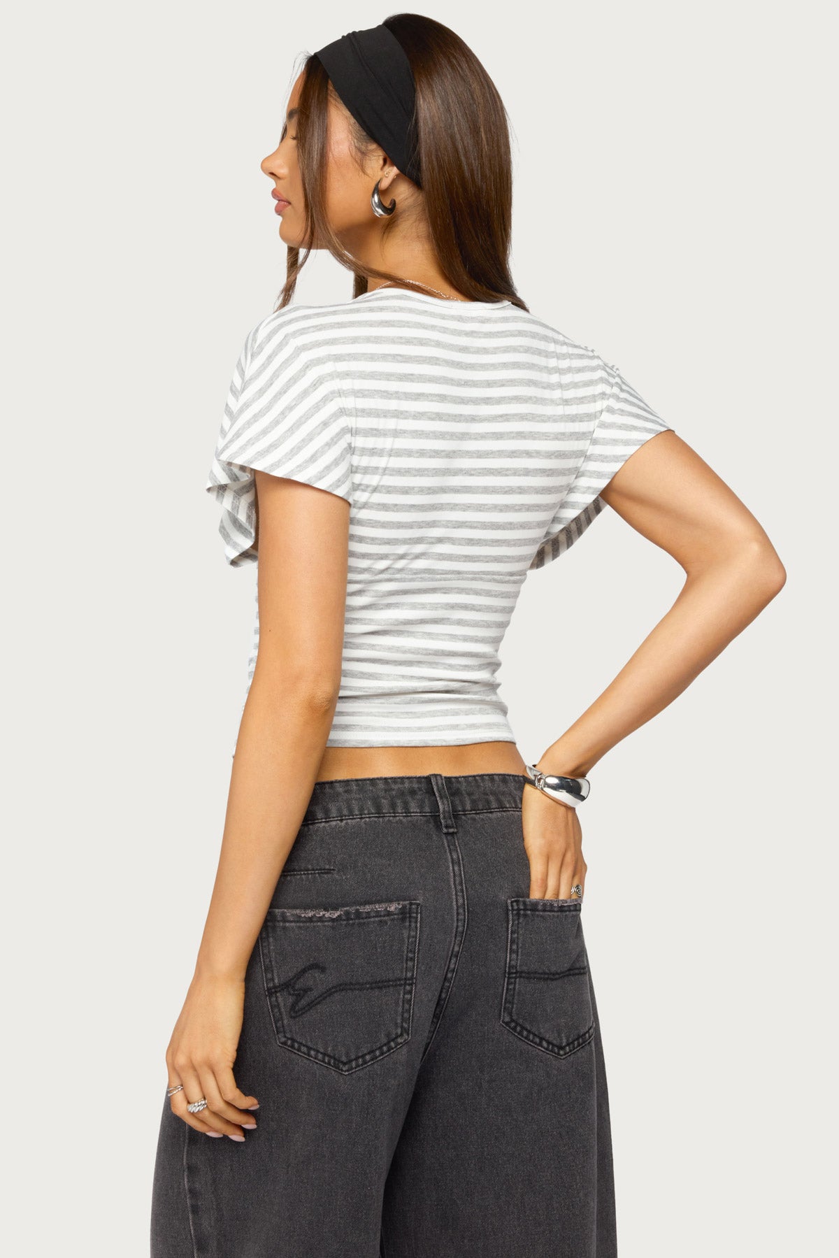 Chassidy Striped Flutter Top - WHITE-AND-GRAY