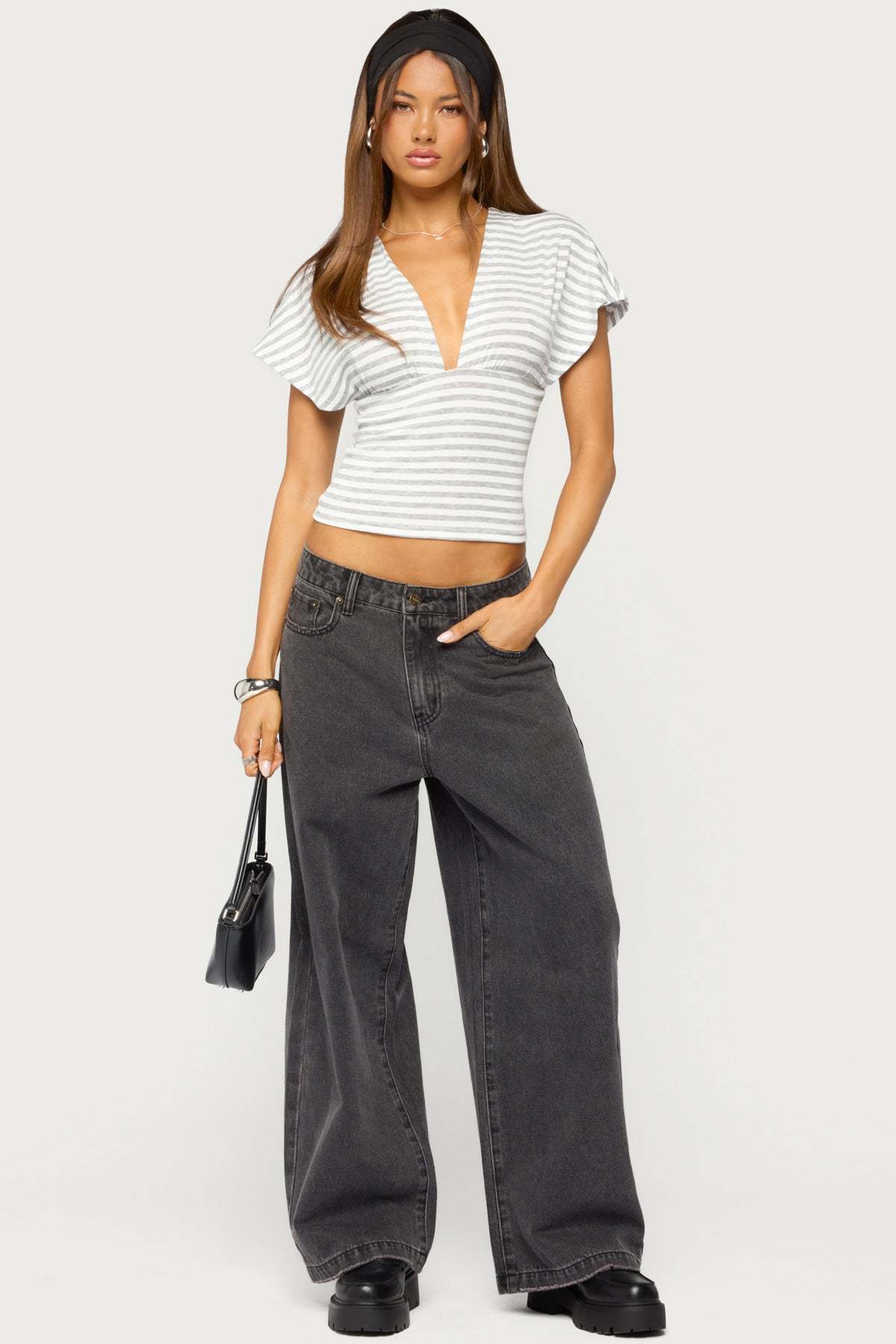 Chassidy Striped Flutter Top - WHITE-AND-GRAY