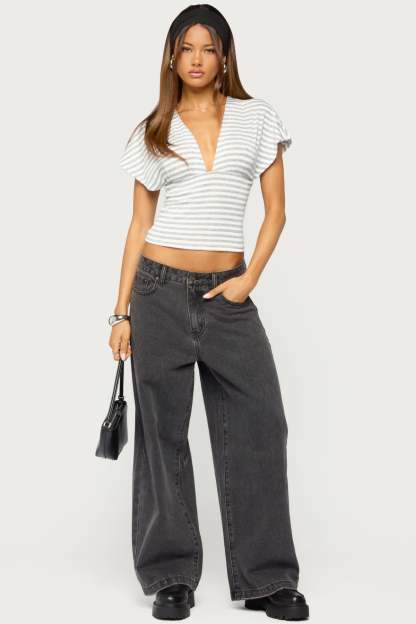 Chassidy Striped Flutter Top - WHITE-AND-GRAY