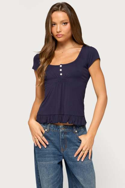 Liliannah Ruffle Babydoll Top - NAVY