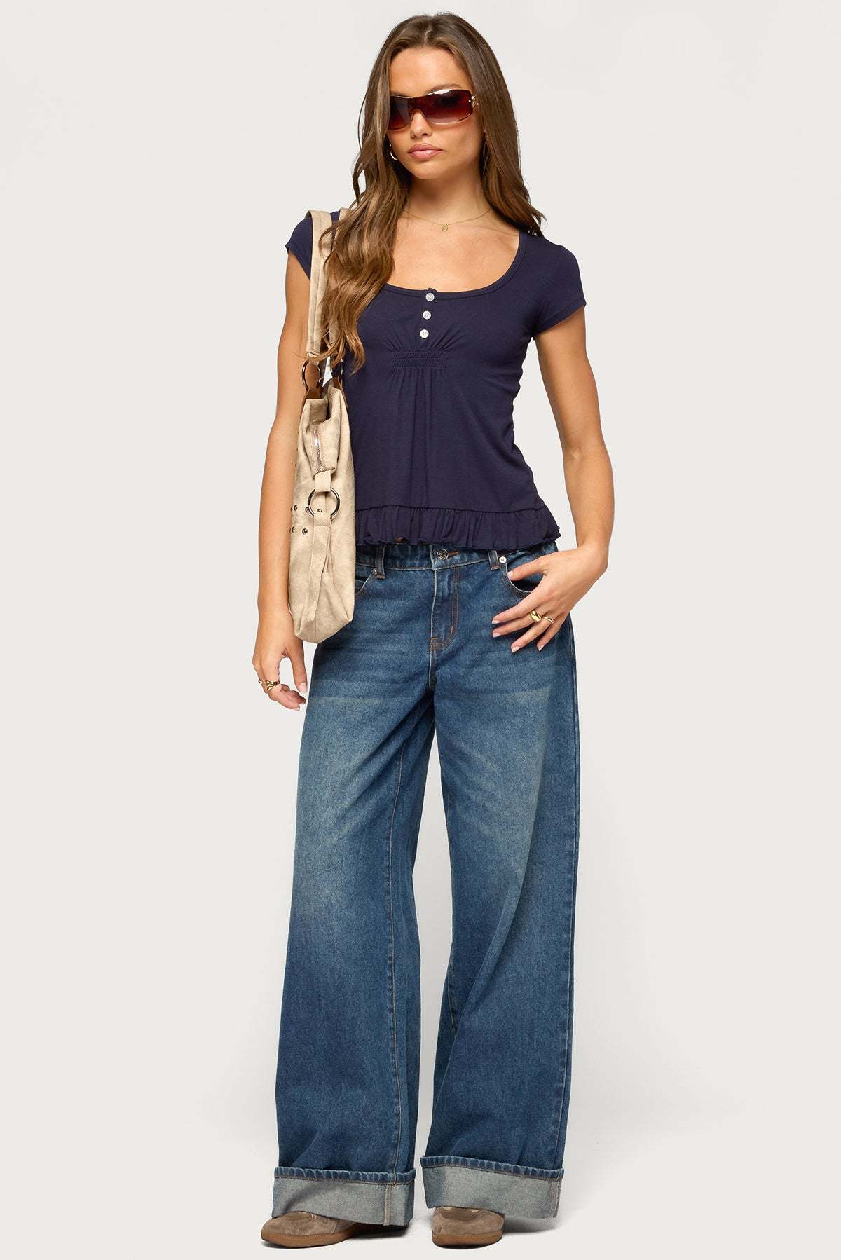 Liliannah Ruffle Babydoll Top - NAVY
