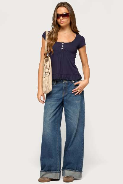 Liliannah Ruffle Babydoll Top - NAVY
