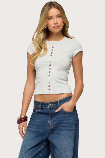Cary Mixed Button Up T Shirt - GRAY-MELANGE